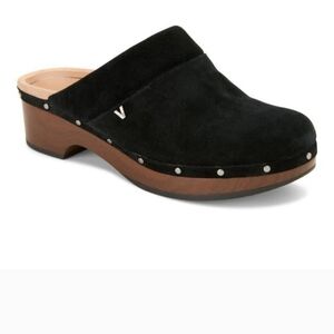 Vionic Black Suede Mules with Wooden Heel